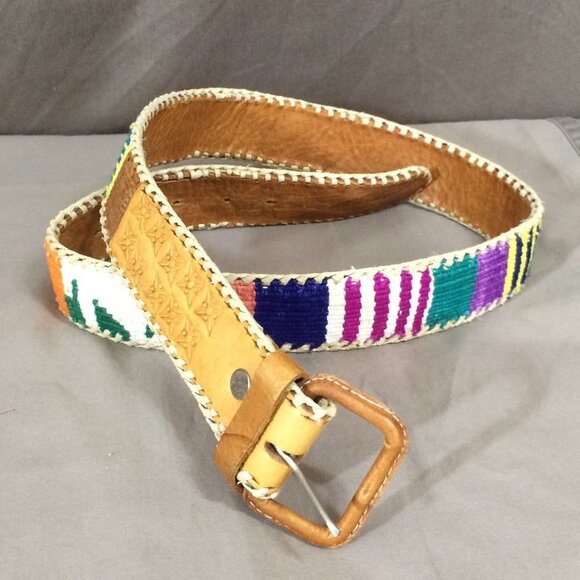 Vintage Belt Woven Fabric and Leather Made in Guatemala 33” - Picture 1 of 7